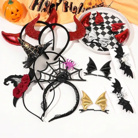 Accessorio Capelli Halloween Plastica Stoffa Corna Diavolo Ali Pipistrello Cappello Strega Ragnatela Festa Cosplay Cerchietto Mollette