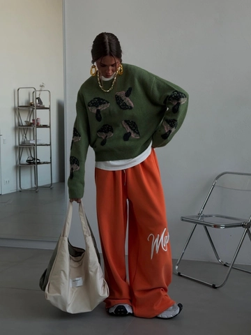 Pull Femme Motif Champignon Col Rond Manches Longues Décontracté Oversize Tricot Coton Mélangé Vert