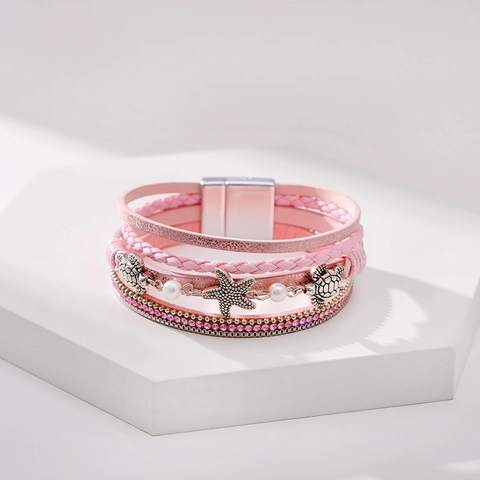 Multilayer Leather Wrap Bracelet Sea Turtle Starfish Alloy Charms Rhinestone Faux Artificial Pearls Magnetic Clasp Women Beach