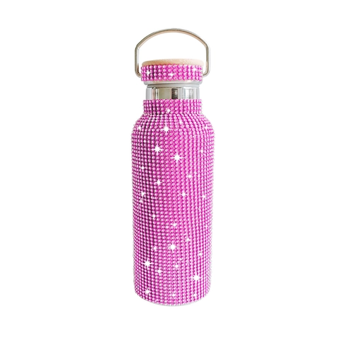 Rhinestone Insulated Water Bottle Bling Bling Vacuum Flask Double Walled Stainless Steel With Bamboo Lid And Portable Handle