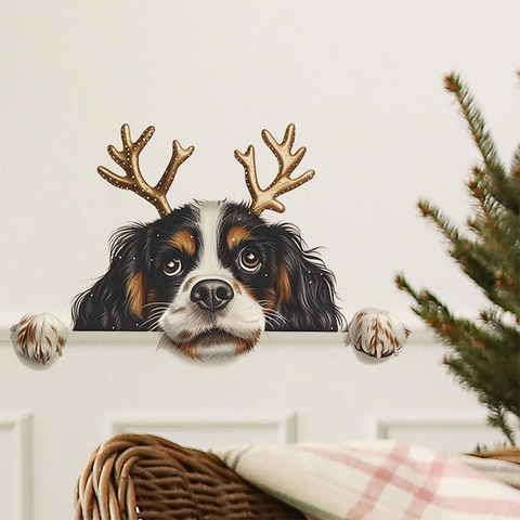 Christmas Reindeer Antlers Cavalier King Charles Spaniel Peeking Dog Wall Sticker Removable PVC Festive Home Decal
