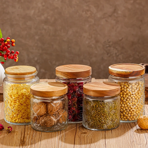 Glass Storage Jars With Wooden Bamboo Lids Embossed Pattern Airtight Food Canisters For Kitchen Storage