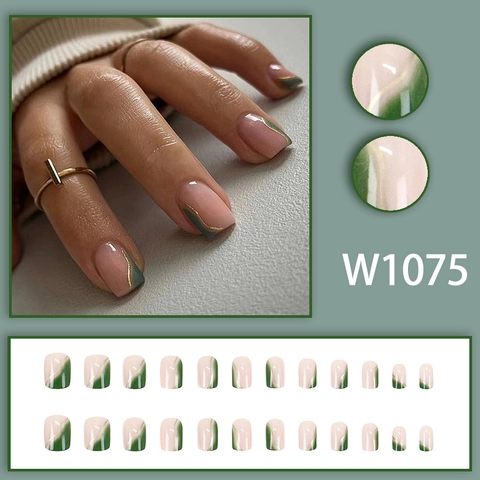 Unghie Finte Rosa Nudo Onda Verde Scuro Linea Dorata Lucido Quadrato Rotondo Artistico Manicure Elegante Punte