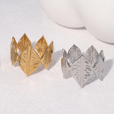 Anillo De Hoja De Acero Inoxidable Ajustable Joyería De Dedo Abierta Chapado En Oro Estilo Natural Para Mujer