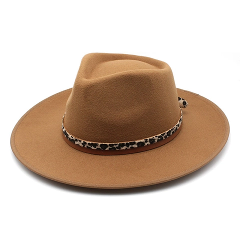 Chapeau Fedora Femme Feutre De Laine Large Bord Bande Imprimé Léopard Vintage Jazz Automne Hiver Mode