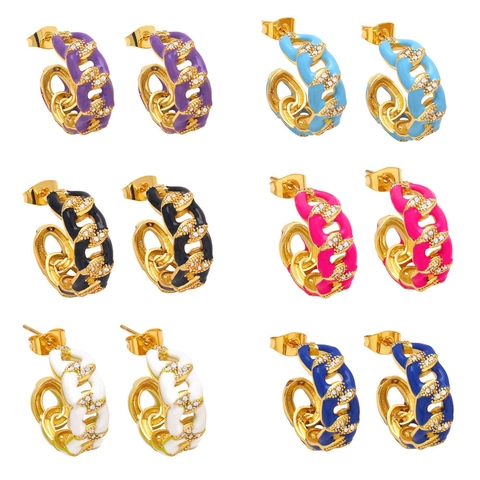 C Shaped Hoop Earrings Copper 18K Gold Plated Enamel Zircon Geometric Chain Link Colorful Retro Jewelry For Women