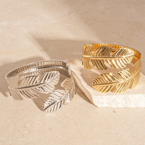 Blatt Feder Offener Armreif Verstellbar Metall Minimalistisch Elegant Schmuck Für Damen
