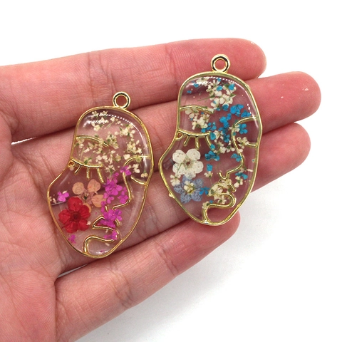 Abstract Face Profile Pendants Real Dried Flowers Resin Metal Frame Artistic DIY Jewelry Making Accessory For Earrings Necklaces