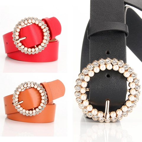 Women PU Leather Belt Fashion Sweet Decorative Artificial Pearl Rhinestone Round Buckle Waistband For Dress Jeans