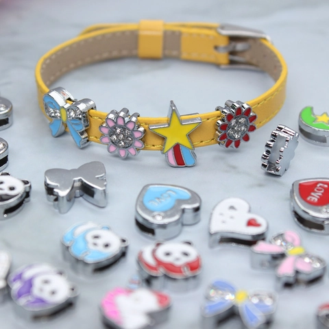 Alloy Rhinestone Cartoon Slider Charms For 8mm Wristband DIY Bracelet Jewelry Making Enamel Panda Heart Butterfly Beads Accessories