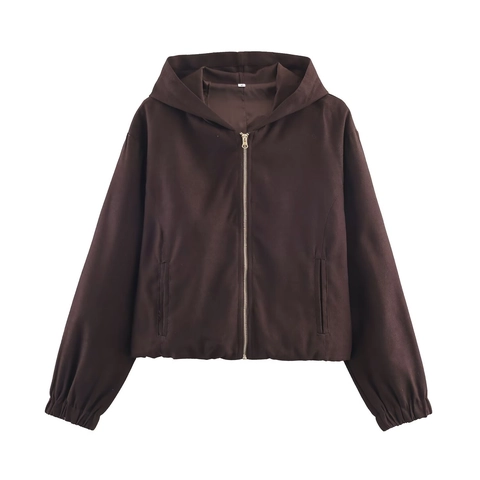 Women Hooded Jacket Faux Suede Zip Up Long Sleeve Short Casual Retro French Style Solid Color Coat
