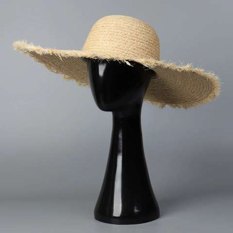 Raffia Straw Sun Hat Wide Brim Frayed Edge Dome Breathable Beach Vacation Summer For Women