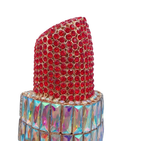Sac De Soirée Forme Rouge À Lèvres Alliage Métal Strass Cristal Luxe Pochette Avec Chaîne Amovible
