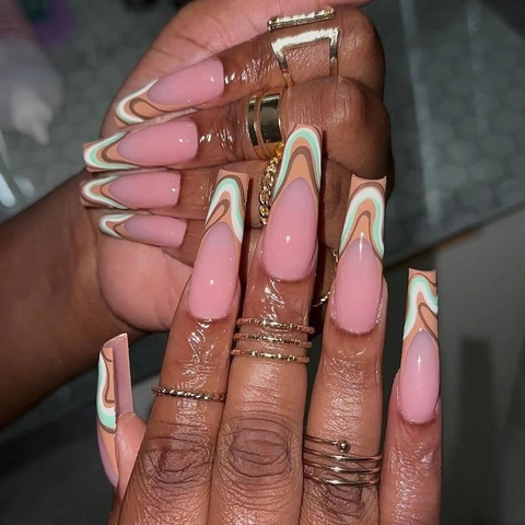 Uñas Postizas Press On Ataúd Extra Largas Onda Abstracta Estilo Francés Rosa Nude Manicura Artificial Para Mujeres
