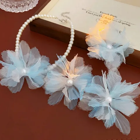 Elegante Collana Di Künstliche Perle Di Imitazione Con Fiori In Maglia Stile Coreano Per Donna Girocollo Floreale In Organza Romantica