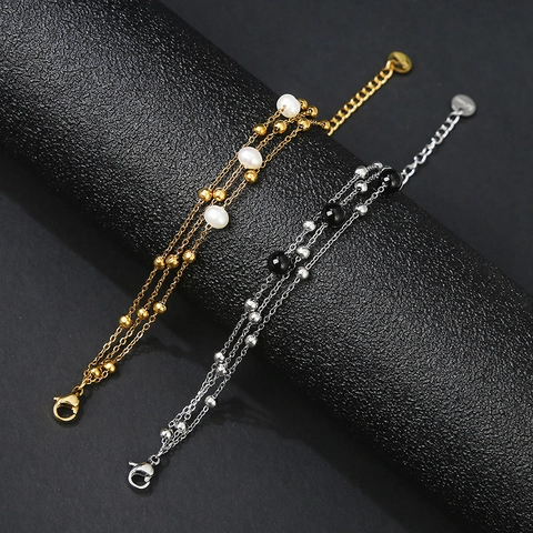 Bracciale A Strati Acciaio Inossidabile Placcato Oro 18K Perla de Agua Dulce Acqua Dolce Agata Nera Perline Catena Croce Donna