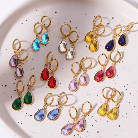 Retro Französische Tropfen Geburtsstein Creolen Edelstahl 18K Vergoldet Minimalistischer Eleganter Schmuck Für Damen