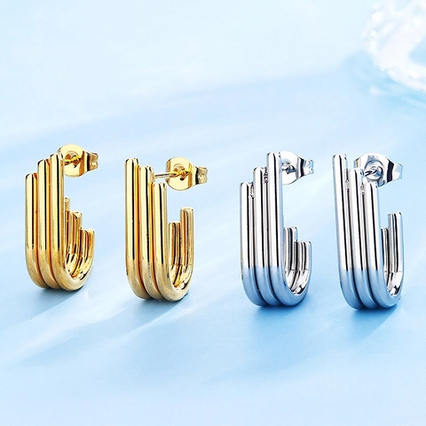Vintage Stainless Steel Hoop Earrings Parallel Geometric U-Shape Polished Minimalist Ins Style High Shine Jewelry