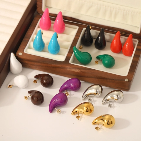 Chunky Teardrop Stud Earrings Stainless Steel Colorful Enamel Waterdrop Jewelry For Women Minimalist Fashion
