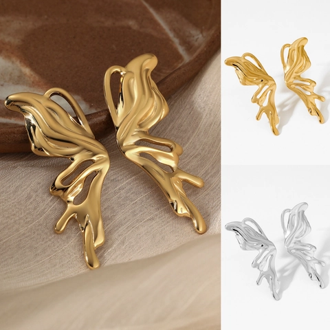 Orecchini Ali Di Farfalla Acciaio Inossidabile Stile Metallo Liquido Placcatura Oro PVD Impermeabile Ipoallergenico Gioielli Moda Donne