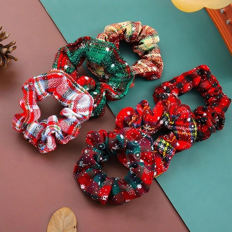 Chouchous De Noël En Tissu Élastiques À Carreaux Écossais Motifs Flocons De Neige Accessoires Cheveux Fête