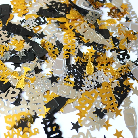2025 New Year Confetti Table Decoration Happy New Year Letter Star Wine Bottle Champagne Glass Paper Gold Silver Black