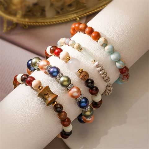 Beaded Bracelet Natural Stone Wood Agate Shell Ethnic Boho Style Unisex Handcrafted Wristband Zen Jewelry Accessory