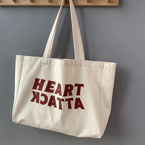 Canvas Tote Bag Heart Attack Buchstabendruck Große Kapazität Umhängetasche Lässige Vielseitige Einkaufshandtasche Mit Innentasche