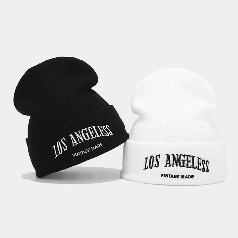 Acryl Strickmütze Beanie Mit Los Angeles Stickerei Vintage Streetwear Warme Wintermütze Für Damen Herren