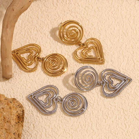 Pendientes Colgantes De Acero Inoxidable Chapado En Oro De 18K Para Mujer Espiral Hueca Triple Colgante De Corazón