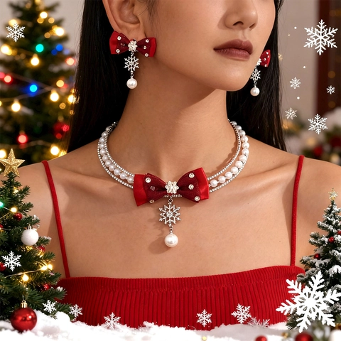 Set Gioielli Natale Fiocco Tessuto Rosso Fiocco Neve Collana Rame Perla Artificial Sintetica Strass Silver Earring Post Donna