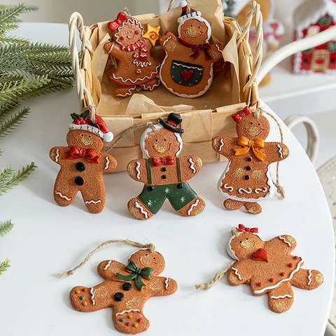 Christmas Gingerbread Man Hanging Ornaments Resin Hand Painted Vintage Style Holiday Tree Decorations With Hemp Rope