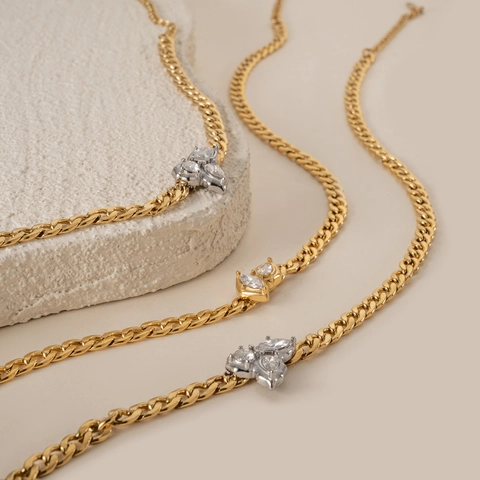 Curb Chain Necklace Bracelet Anklet 18K Gold Plated Stainless Steel Marquise Zircon Elegant Fashion Jewelry For Women