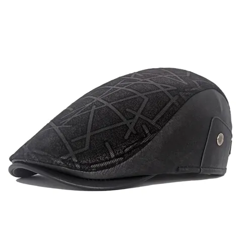 Men Newsboy Cap PU Leather Fabric Splicing Waterproof Warm Winter British Retro Vintage Flat Duckbill Hat