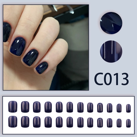 Dark Blue Press On Nails Short Square Round Glossy Mirror Finish Detachable Solid Color Elegant Artificial Nails