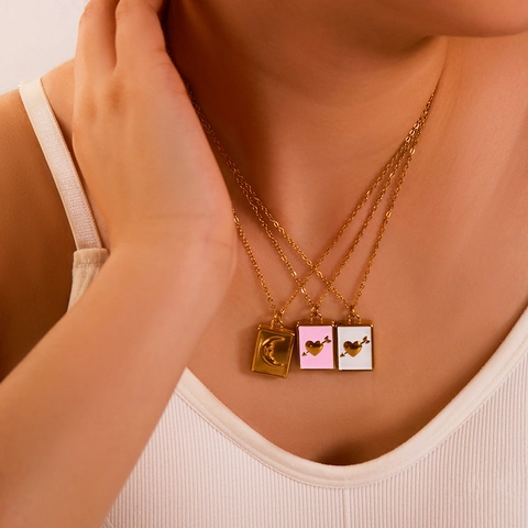 Stainless Steel Pendant Necklace 18K Gold Plated Enamel Heart Moon Book Design Retro Jewelry For Women