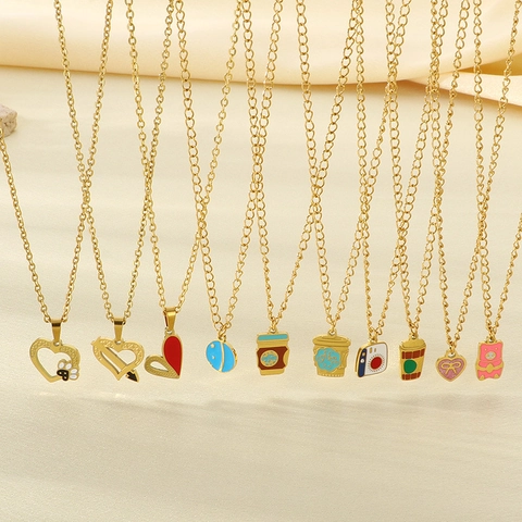 Edelstahl Halskette Vergoldet Emaille Herz Kaffeetasse Kamera Anhänger Trendiger Schmuck Für Frauen Alltag Geschenk