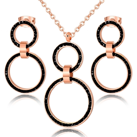 Stainless Steel Roman Numerals Double Ring Rhinestone Necklace And Earrings For Women Minimalist Fashion Jewelry