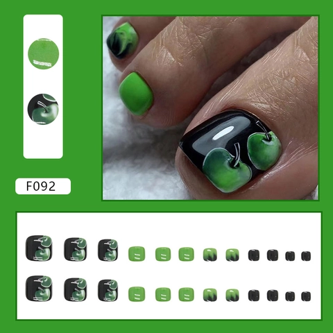 Kunstnagels Tenen Groen Appeltje Patroon Glanzend Marmer Print Volledige Dekking Voor Vrouwen Zomer