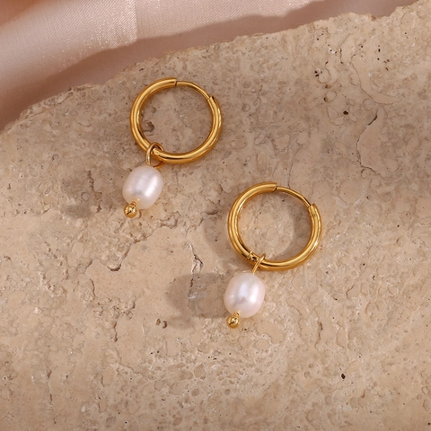 Pendientes De Aro De Acero Inoxidable Con Perla Artificial De Agua Dulce Barroca Chapada En Oro De 18K Joyas Para Mujeres