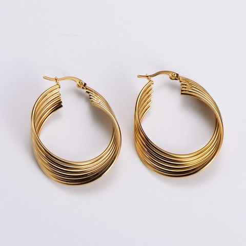 Orecchini A Cerchio Geometrici Multistrato Acciaio Inossidabile Placcato Oro 18K Torsione Gioielli Di Moda Per Donna