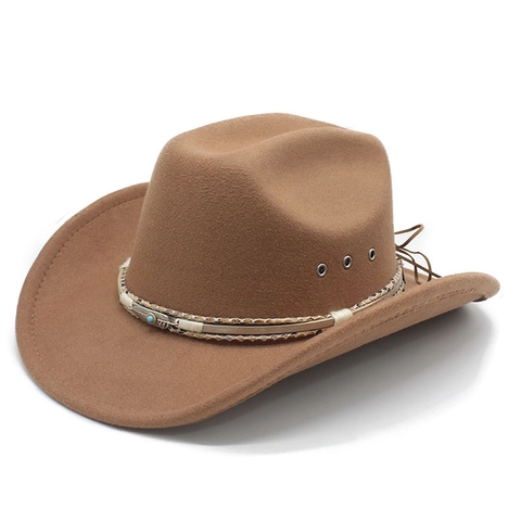 Western Cowboy Hat Vintage Wool Felt Wide Brim Fedora With Turquoise Feather Decor For Men Women Outdoor Travel