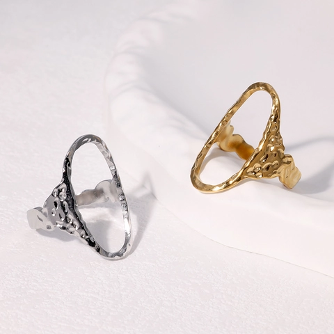 Geometric Oval Hollow Open Ring Stainless Steel Hammered Texture Minimalist Adjustable Fashion Jewelry For Women