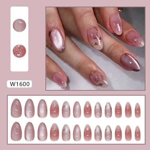 Unghie Finte Almond Cat Eye Rosa Rosa Motivo Floreale Rimovibile Unghie Finte ABS Manicure DIY Elegante Donne