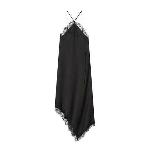 Asymmetric Hem Satin Cami Dress With Lace Trim Sleeveless V Neck Elegant Solid Color Sexy Fashion Women