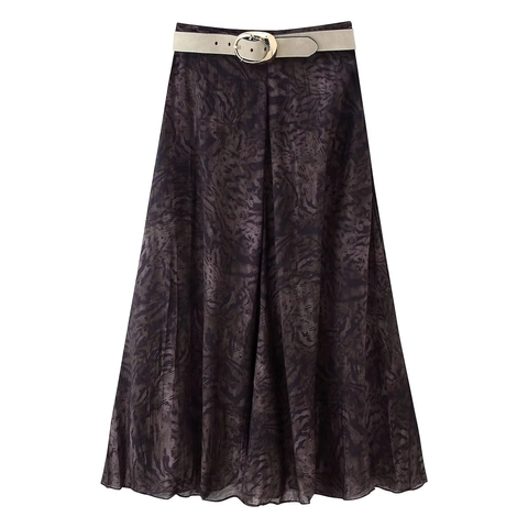 Women Vintage Abstract Print Midi Skirt High Waist A-Line Straight Skirt With Adjustable Belt Elegant Streetwear Style