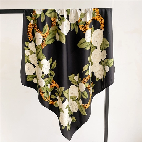 Elegant Square Scarf Twill Polyester Matte Floral Rose Camellia Print Golden Chain Shawl Vintage Headscarf For Women