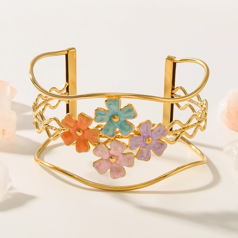 18K Gold Plated Stainless Steel Cuff Bracelet For Women Colorful Enamel Flower Butterfly Adjustable Wave Bangle Jewelry