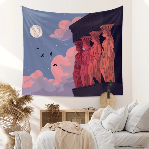 Arazzo Architettura Greca Antica Decorazione Parete Poliestere Cariatidi Luna Nuvole Rosa Cielo Notturno Sogno Arredamento