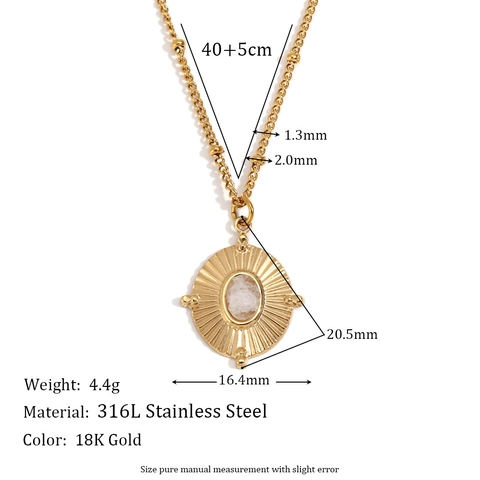 18K Gold Plated Stainless Steel Natural Stone Oval Pendant Necklace For Women Radial Etched Sunburst Pattern Vintage Fashion Jewelry